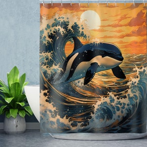 Tenda da doccia con balena e orca che cavalca le onde - Tende da doccia con tema spiaggia e nautica - Bagno decorativo con paesaggio di creature oceaniche blu