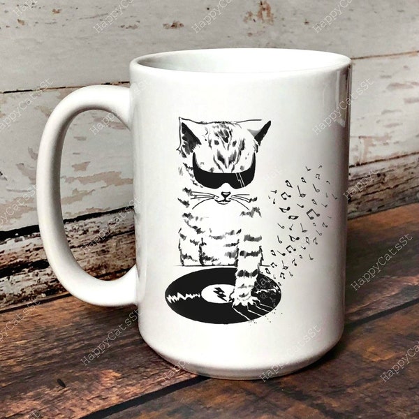 DJ CAT MUG - Funny Cat Music Lover Mug - Sarcastic Cat Mug - Funny Graphic Black And White Mug - Music Lover Gift
