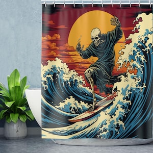 The Skeleton is on a Surfboard Riding a Wave Shower Curtain - Halloween Bathroom Decorations - Surf Art Shower Curtains - Gifts for Surfers