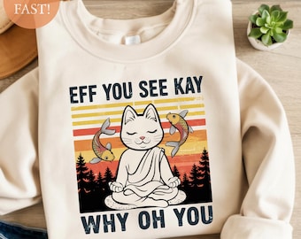 Funny Zen Cat Sweatshirt: Meditating Cat with Koi Fish