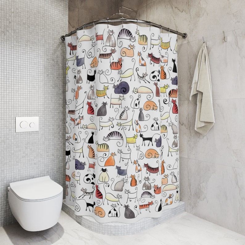 Cats Shower Curtain Cute Cat Bathroom Curtain Shower Etsy