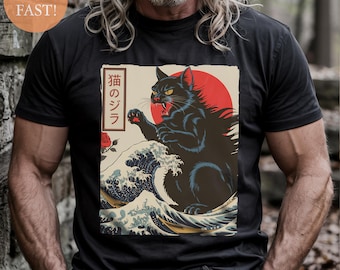 Catzilla T-Shirt: Japanese Wave Art Cat Godzilla Tee