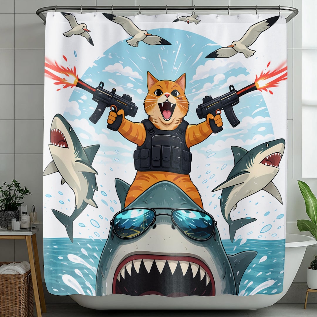 Funny Cat Shark Shower Curtain - Cartoon Cat Riding Shark Bathroom ...