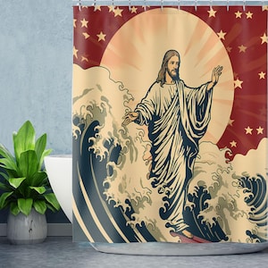 Jesus Surfing on The Waves Shower Curtain - Jesus Bathroom Curtains - Funny Shower Curtain - Jesus Christ Art - Christian Gifts Ideas