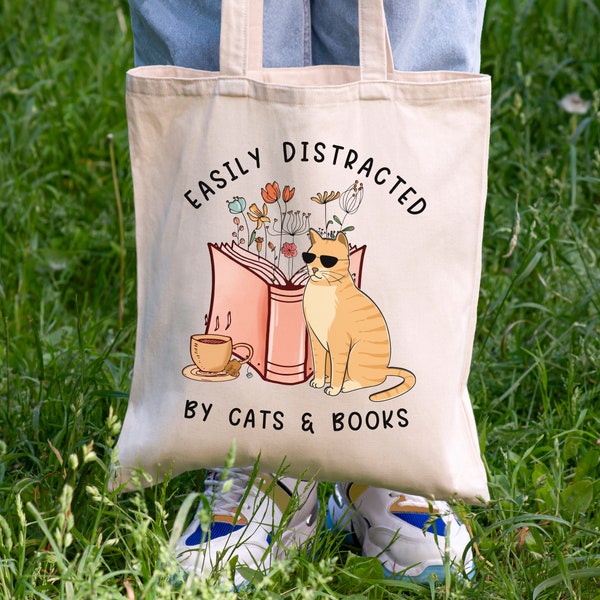 Easily Distracted By Cats & Books Tote Bag - Cat Tote Bag - Cat and Book Themed Canvas Bag - Cat Gifts for Women - Book Lovers Gifts