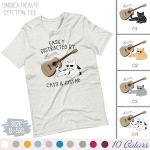 Easily Distracted By Cats and Guitar T-Shirt - Cat Playing Guitar Shirt - Novelty Cat Tshirt - Sarcastic Cat Shirt - Guitar Lover Gift