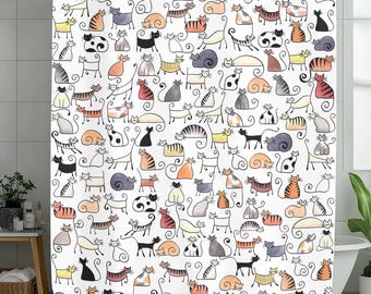 Cartoon Cats Shower Curtain – Whimsical Polyester Bathroom Decor