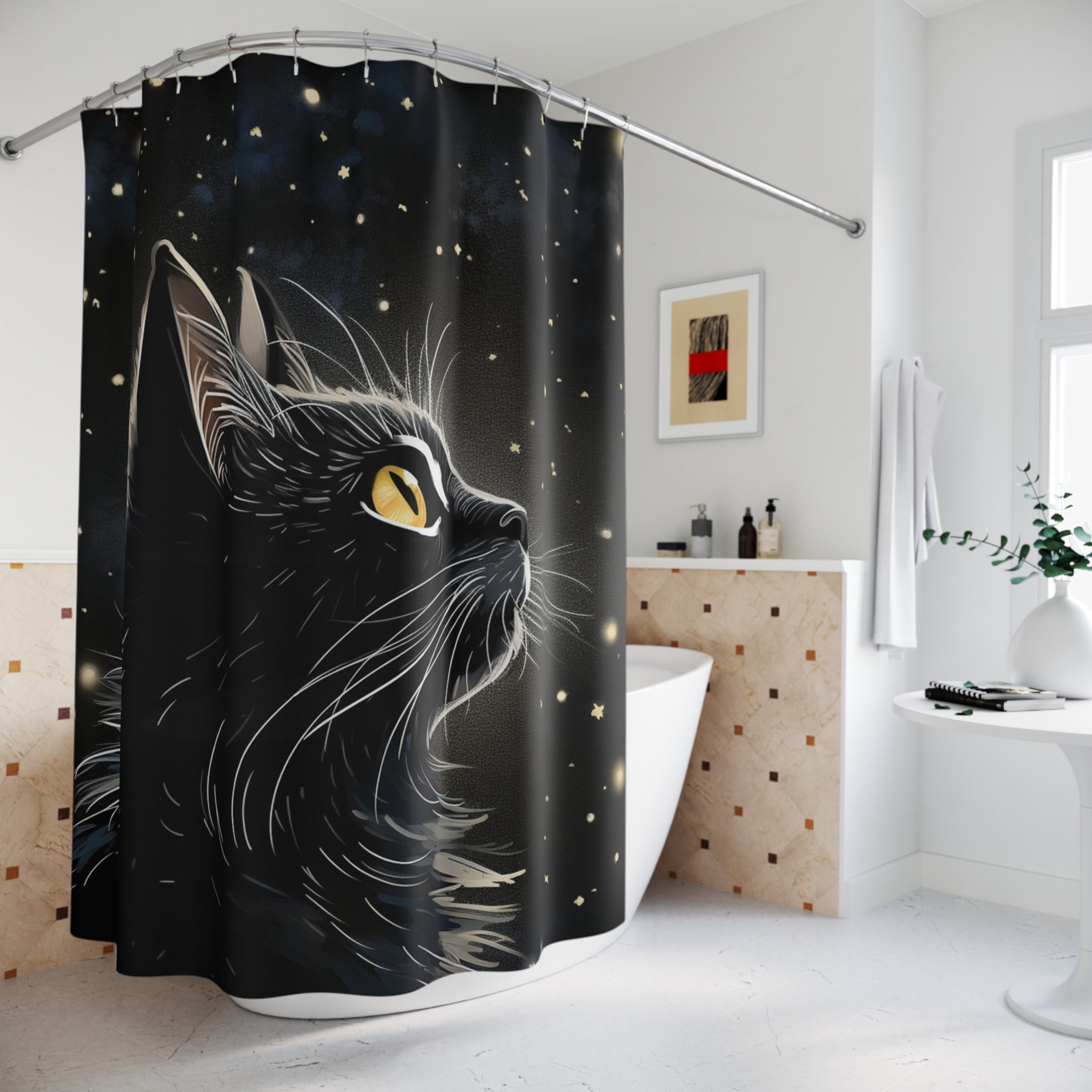 Tenda Doccia Divertente Gatto Su Dinosauro 183x183 Cm | Tessuto Impermeabile In Poliestere | Con 12 Ganci | Decorazione Bagno Bambini E Ragazzi