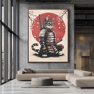Samurai Cat Wall Art - Unique Japanese Warrior Cat with Cherry Blossoms - Perfect Gift for Cat Lovers