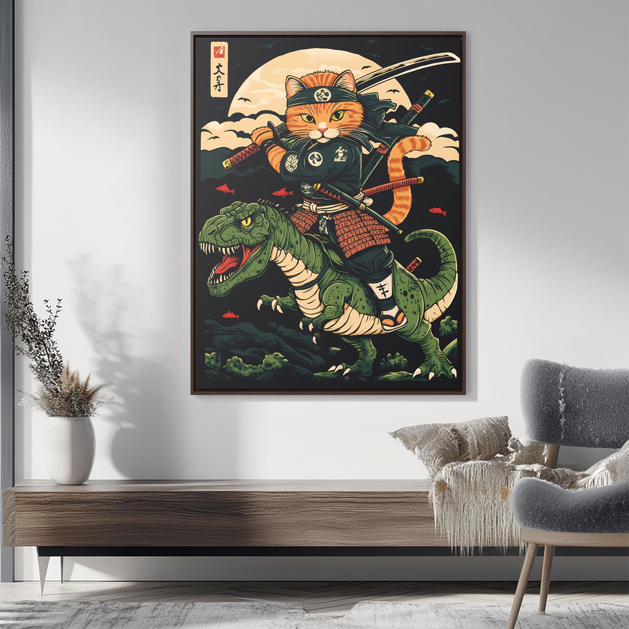 Samurai Cat Riding T-rex Canvas Print: Ninja Dinosaur Art - Etsy
