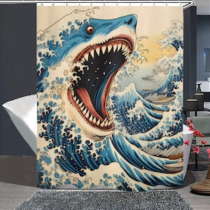 Shark with Its Mouth Wide Open in a Wave Shower Curtain - Shark Art Decorative - Ocean Animals Shower Curtains - Gifts For Sea Lovers