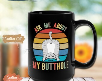Taza personalizada con forma de trasero de gato - Estilo retro - Nombre personalizable