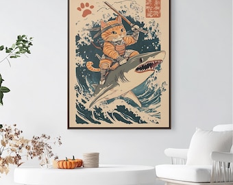 Samurai Cat Riding Shark Art Print: Japanese Warrior Animal Poster