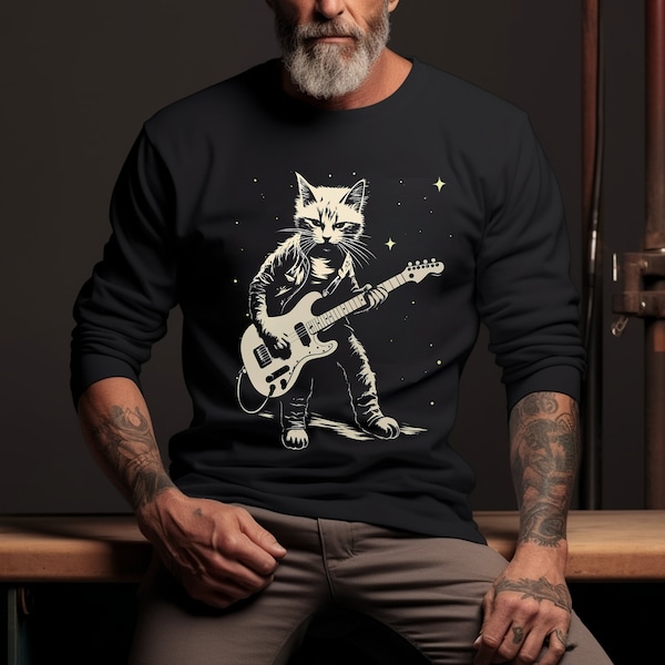 Kitten is Playing an Electric Guitar T-shirt - Funny Cat Playing Guitar Shirt - Cat Rock Music Sweatshirt - Cat Guitar Shirt- Gifts For Men