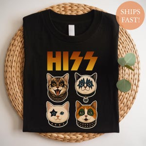 HISS Cat Band Shirt - Funny Rock Band Parody Cat T-Shirt - Kitty Graphic Tee for Cat Lovers - Gift for Music Fans and Pet Owners