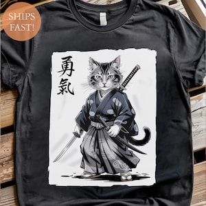 Samurai Cat Shirt – Japanese Warrior Cat Graphic Tee – Katana Cat Art with Kanji – Bold Cat Lover Gift – Traditional Japan Style Top