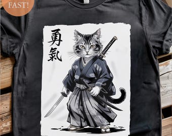 Camiseta de gato samurái: camiseta gráfica de felino guerrero japonés