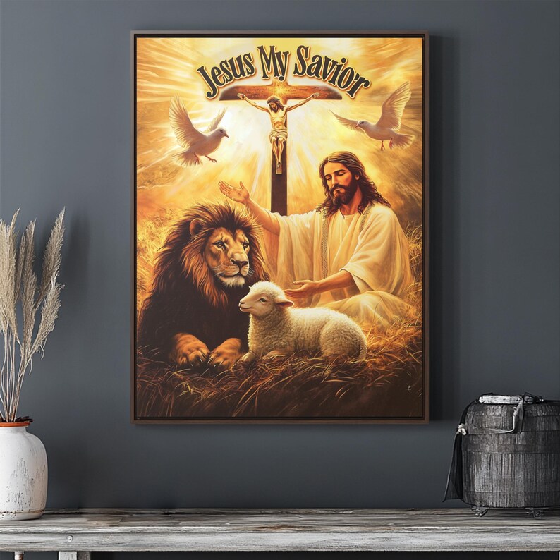 Jesus My Savior Inspirational Christian Art With Lion and Lamb, Faith