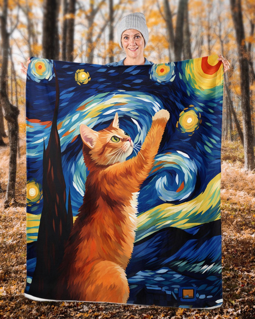 Orange Cat Starry Night Sherpa Fleece Blanket - Etsy