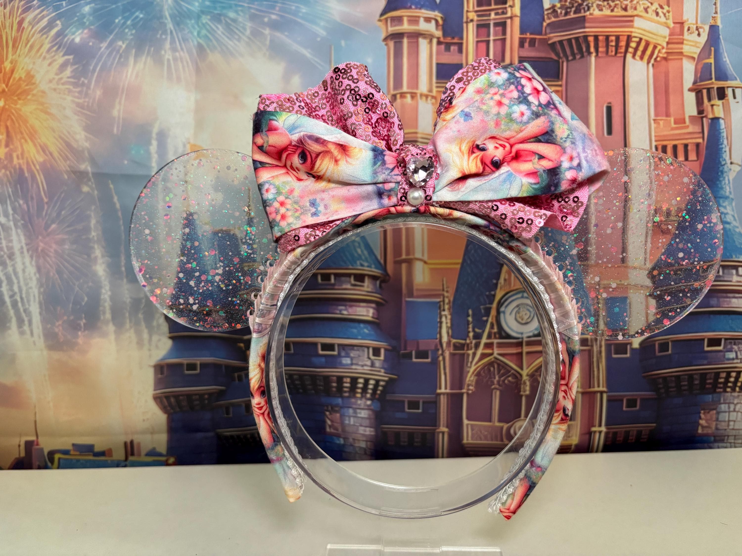 Resin Glow in the Dark Mouse Glitter Ears Pink Flower Bow  display picture 3