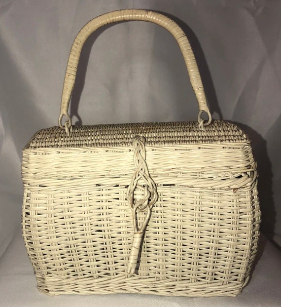 Vintage 1940s straw basket purse bag with wooden hand… - Gem