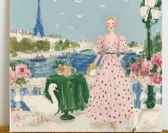 Parisian Woman Painting Original Romantic Paris Art Eiffel Tower Wall Decor French Cottagecore Painting Swan Artwork