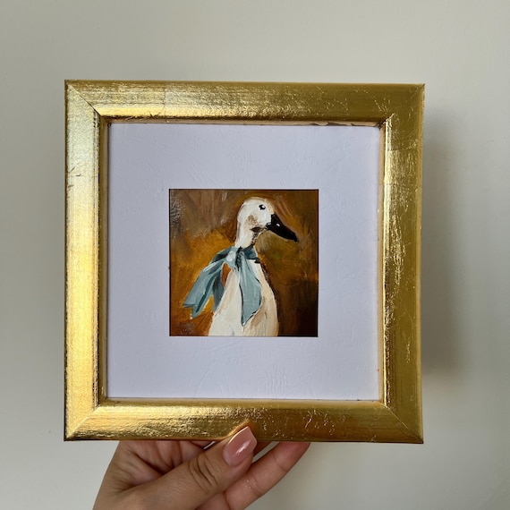 Goose With a Blue Bow Original Painting Funny Goose Art Framed Bird Artwork Whimsical Animal Decor Goose Lover Gift Small Original Painting
