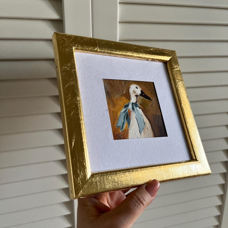 Goose With a Blue Bow Original Painting Funny Goose Art Framed Bird Artwork Whimsical Animal Decor Goose Lover Gift Small Original Painting image 3
