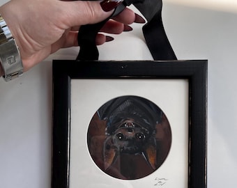 Bat Painting: Whimsical Acrylic Art, Small Whimsical Animal Decor Framed (Ready to Hang) Original
