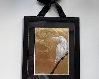 White Raven Original Painting, Gold Leaf Symbolic Art, Framed Contemporary Fine Art (7.5 x 5.5 inches)