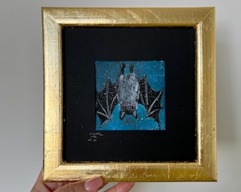 Original Bat Painting Framed Miniature Acrylic Artwork Gothic Animal Art Tiny Fantasy Wall Decor Gold Frame