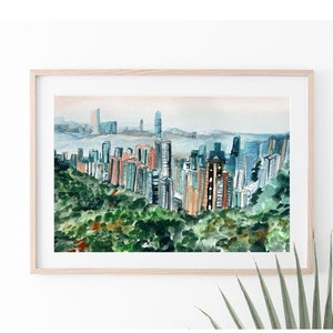 Hong Kong Print - Stadt Skyline - Aquarell Malerei - Neutrale Wand Dekoration - Minimalistisch - Medjool Studio Illustrationen