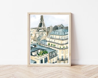 Parisian Buildings Wall Art - Paris Scene Illustration - Eiffel Tower Watercolour - Paris Skyline - French Cityscape - Paris Home Decor