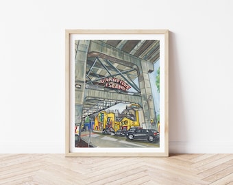 Granville Island Bridge Watercolor Print, Vancouver Market Art, BC Travel Poster