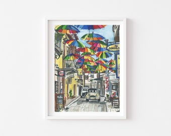 Greece Art Print - Rainbow Umbrellas, Crete Art Print, Beach Poster, Coastal Wall Art, Greek Travel Poster, Travel Wall Art