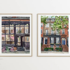 2er Set New York Brownstone und NYC Cafe Art Prints, Brooklyn Building Poster, NYC Poster, NYC Stadtbild Wandset