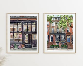 Set of 2 New York Brownstone and NYC Cafe Art Prints, Brooklyn Building Poster, NYC Posters, NYC Cityscape Wall Set