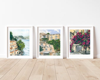 Set of 3 Watercolor Italian Seaside Prints | Amalfi Coast Travel Art Gallery Wall Set