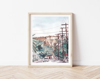 Hollywood Sign Print - Los Angeles Travel Poster - Abstract California - Palm Trees Painting - LA Wall Art - Retro America USA Gift