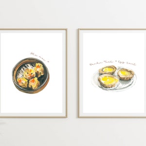 Set of 2 Hong Kong Dim Sum Prints - Shiu Mai and Egg Tart - Bundle Food Illustration in Watercolor - Asian Food Gallery Wall Set - Gift Set