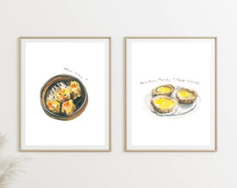 Set of 2 Hong Kong Dim Sum Prints - Shiu Mai and Egg Tart - Bundle Food Illustration in Watercolor - Asian Food Gallery Wall Set - Gift Set