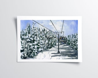 Ski Poster, Ski Lift Print, Snowy Wall Art, Ski Gifts, Ski Art, BC Mountains, Winter Snow Trees, Ski Resort Travel, Mountain Art