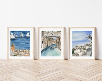 Set of 3 Luxury Travel Prints, Saint Tropez France, Venice Italy, Santorini Greece Poster Bundle in Watercolor Illustration, Gift Set