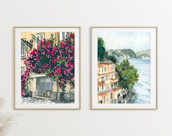 Set of 2 Italian Seaside Art Prints, Pink Flowers, Amalfi Coast Wall Art, Discounted Gifts, Neutral Home Decor