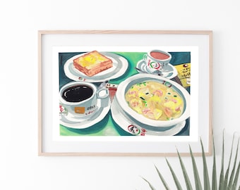 Hong Kong Breakfast - Noodle Art,  Hong Kong Food, Food Art Print , Asian Food Poster, Food Illustration, Kitchen Decor, Dim Sum