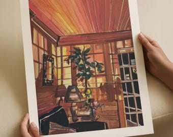May include: A rectangular art print featuring a warm-toned interior scene with wood-paneled walls and a ceiling. The illustration depicts a room with a table lamp, a potted plant, and a window with a grid pattern, all rendered in shades of orange, brown, and gold.