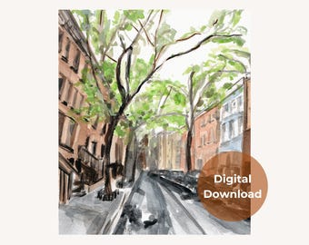 DIGITAL DOWNLOAD-NYC Streetscape Watercolor Print | New York Architecture Wall Art | Brownstone Art Print | Instant Download City Home Decor