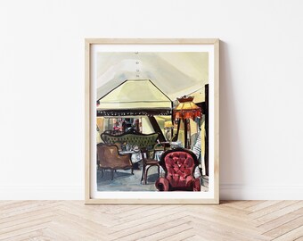 Tea Room Art Print | Cozy Cafe Interior Painting | Tea Shop Wall Art | Vintage Tea Room Illustration | Cafe Interior Decor