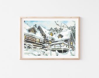 Winter Cabin Poster, Snowy Winter Print, Rustic Wall Art, Cabin Gifts, Ski Art,  Winter Snow Trees, Mountain Art