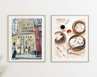 Set of 2 Hong Kong Dim Sum Prints, Hong Kong Cityscape, Noodles & Dumplings, Bundle Food Illustration in Watercolor, Asian Gallery Wall Set